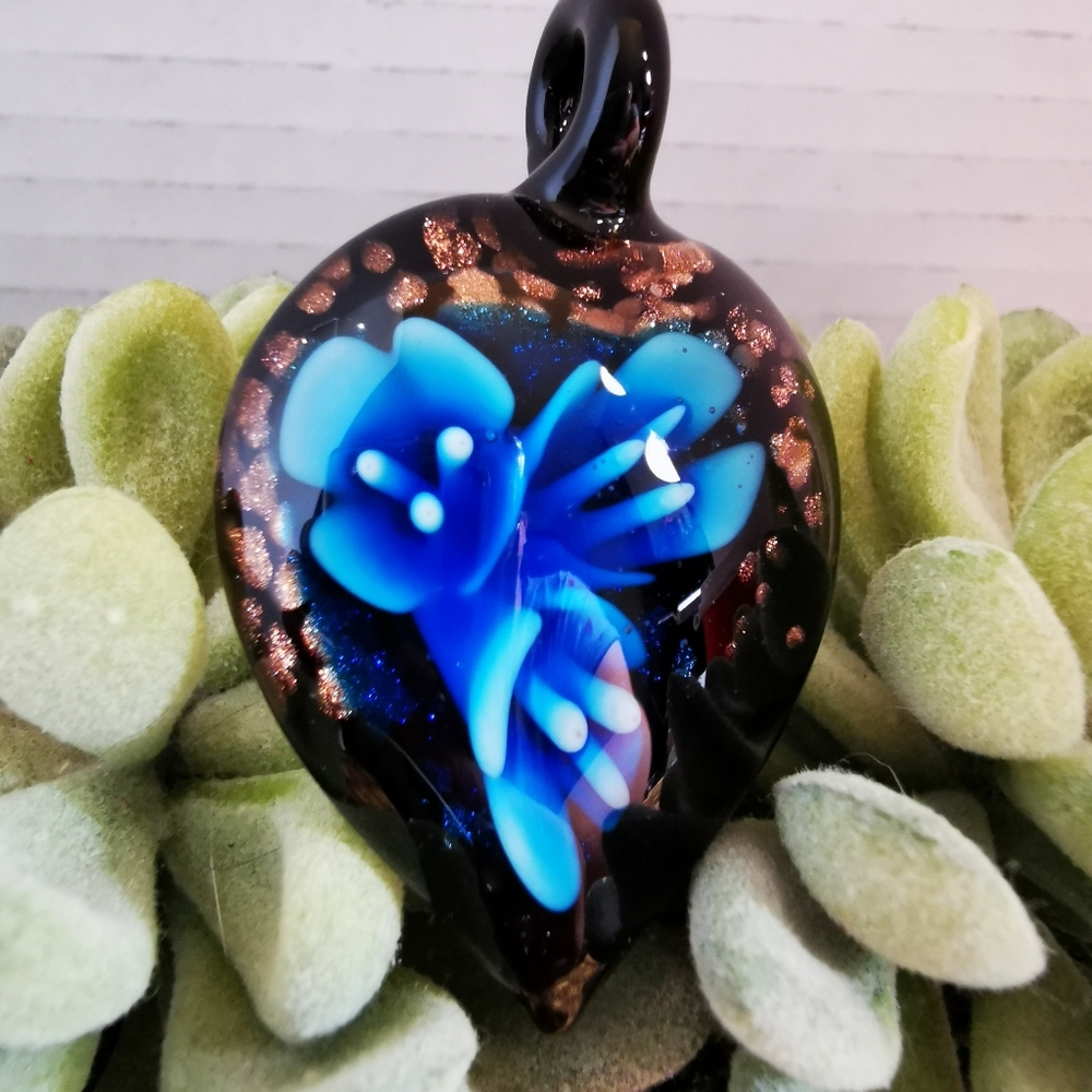 Vintage Art Glass Pendant Heart Shape with Blue Flowers and Aventurine